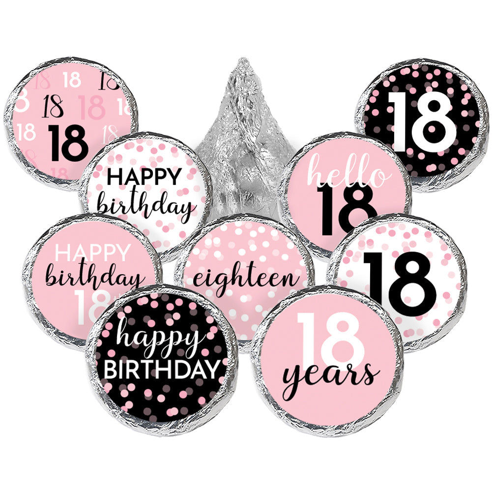 Pink and Black 18th Birthday Stickers - Fits Hersheys Kisses Candy